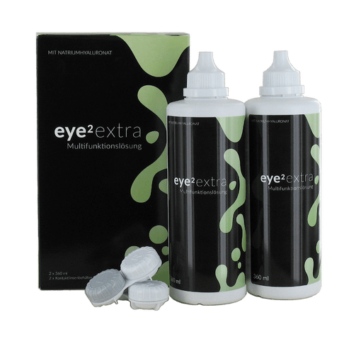 eye2 extra Multifunktionsloesung mit Hyaluron (2x360ml + 1 flacher Behälter)